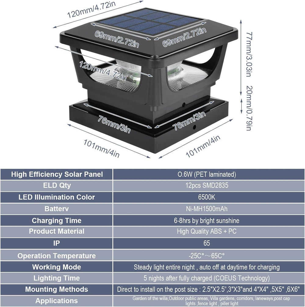 Solar Post Cap Lights 6 Pack, IP65 Waterproof 120LM 6500K Cool White Black