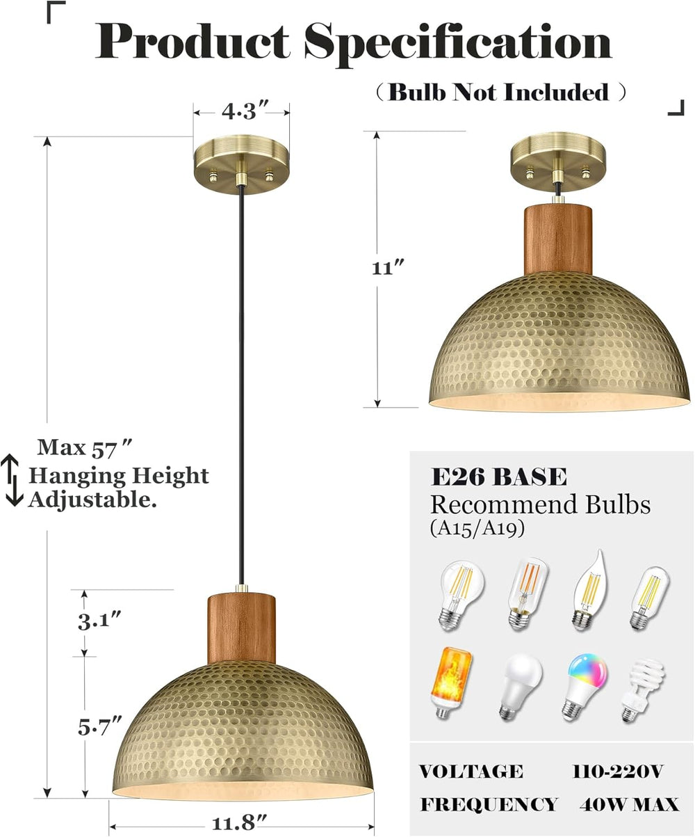 ELYONA 2 Pack Hammered Pendant Lights 12” Vintage Metal & Wood Dome Hangi...