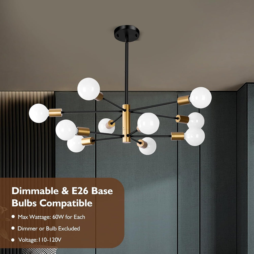 Sheetea 10-Light Chandelier, Dining Room Light Fixture Black and Gold