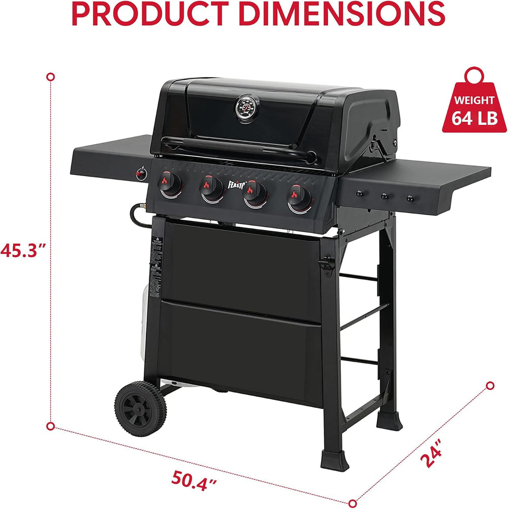 Feasto 4-Burner Propane Grill with Ceramic Burner Chamber, Black