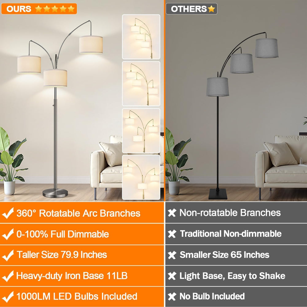 Dimmable Floor Lamp, 3 Lights Sliver Arc Floor Lamp, Modern Tall Standing Tre...