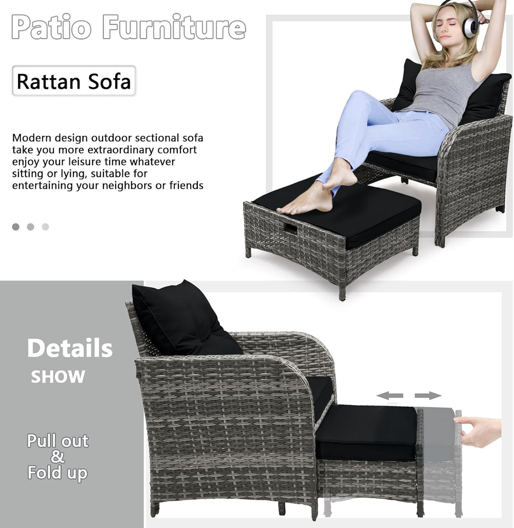 5 Pieces Wicker Outdoor Patio Chairs with Ottoman, PE Wicker Rattan Patio Con...