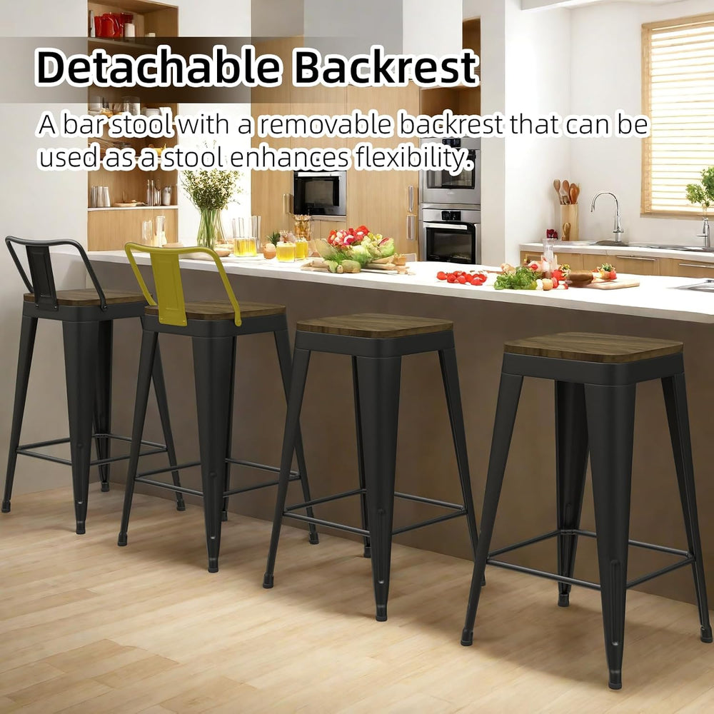 Black Bar Stools Set of 4, Metal Bar Stools with Wooden Seat, Modern 24”Count...