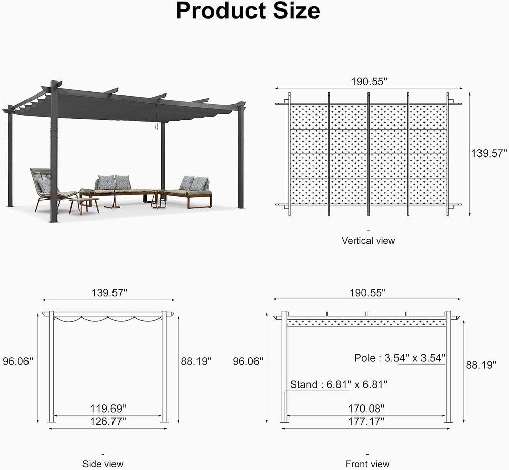 PURPLE LEAF Outdoor Pergola 12' X 16' Retractable Canopy Aluminum, Gray