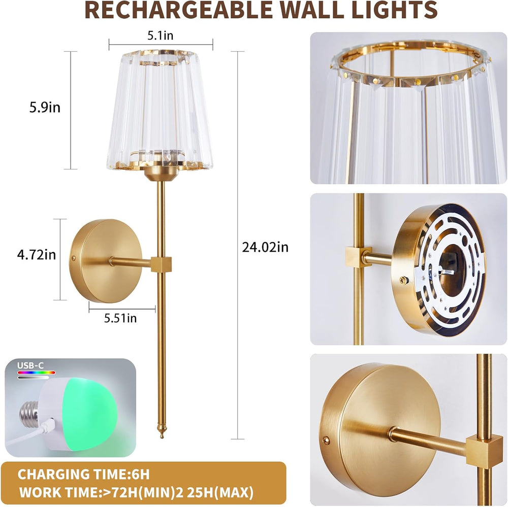Battery Operated Set of 2, Rechargeable Wall Sconce with Crystal Lampshade