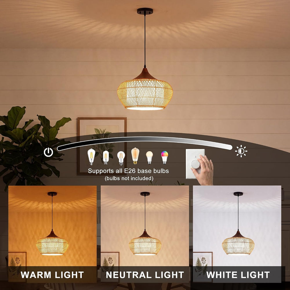 Rattan Pendant Light Fixture, Hand-Woven Wicker Hanging Lighting
