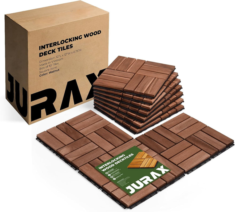 Jurax Interlocking Wood Deck Tiles, 10Pcs Patio Flooring, Walnut