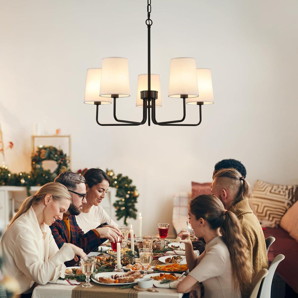 AMZASA Farmhouse Chandelier, Matte Black with White Fabric Shade, Farmhouse L...