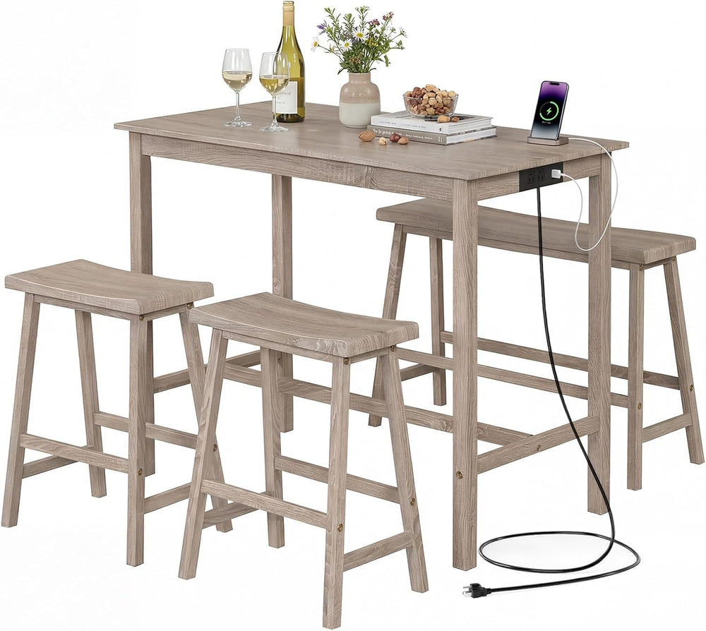 GIANTEX 4-Piece Counter Height Dining Table Set with Power Outlet, Solid Rubb...