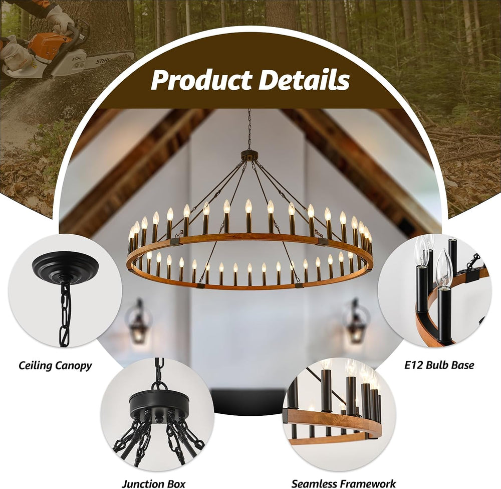 60-Inch Wagon Wheel Chandelier 42-Light Wood Rustic Farmhouse Light Fixture
