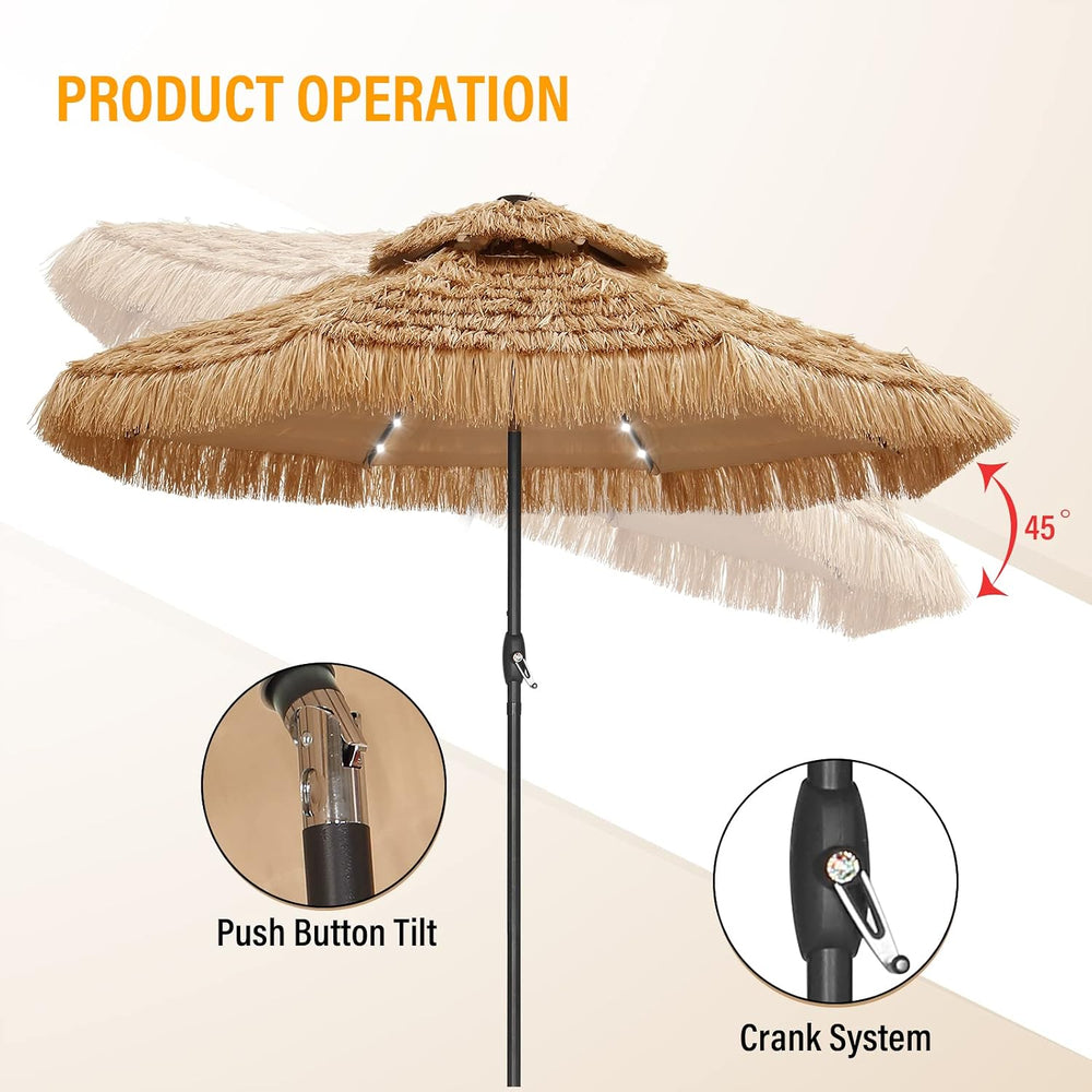 GDY 9 ft 2-Tier Solar Tiki Umbrella, 32 LED Ligths Hula Thatched Tiki Umbrell...