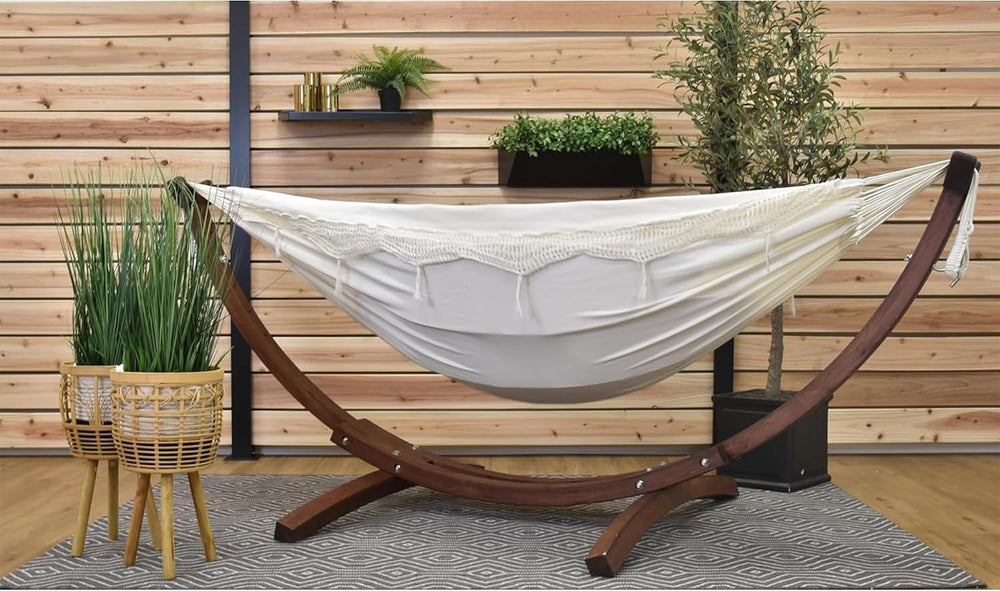 Vivere Double Cotton Hammock with Solid Pine Arc Stand - 450 lb Capacity, Dur...