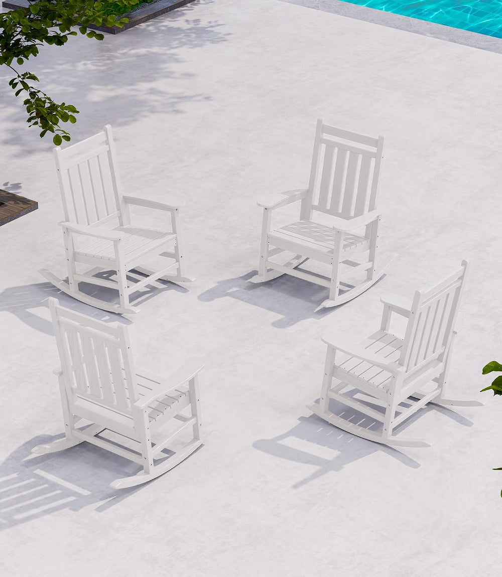 SERWALL Outdoor Rocking Chair Set of 4, HDPE Rocker for Adults, White