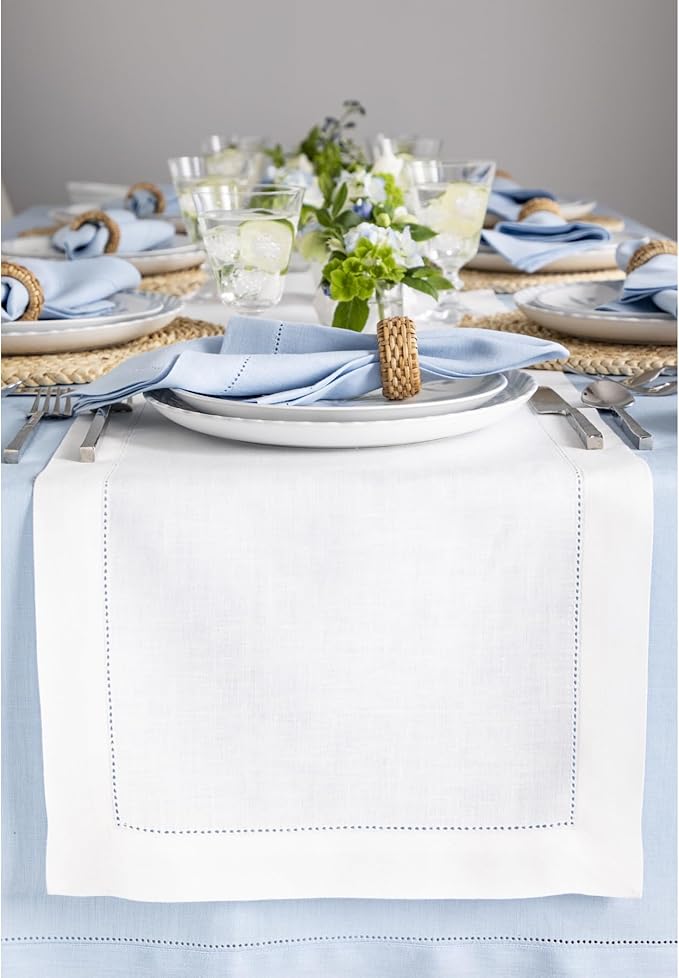 Solino Home Linen Table Runner 90 Inches Long - Classic Hemstitch 100% Pure L...