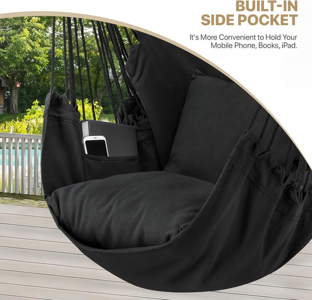 MoNiBloom Hammock Chair Hanging Rope Swing w/2 Cushions, Hold 350lbs, Black