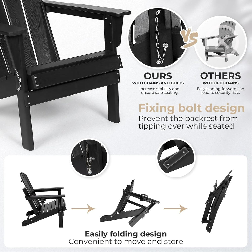 HDPE Folding Adirondack Chair, Outdoor Patio Chair with Cup Holder, Weather R...
