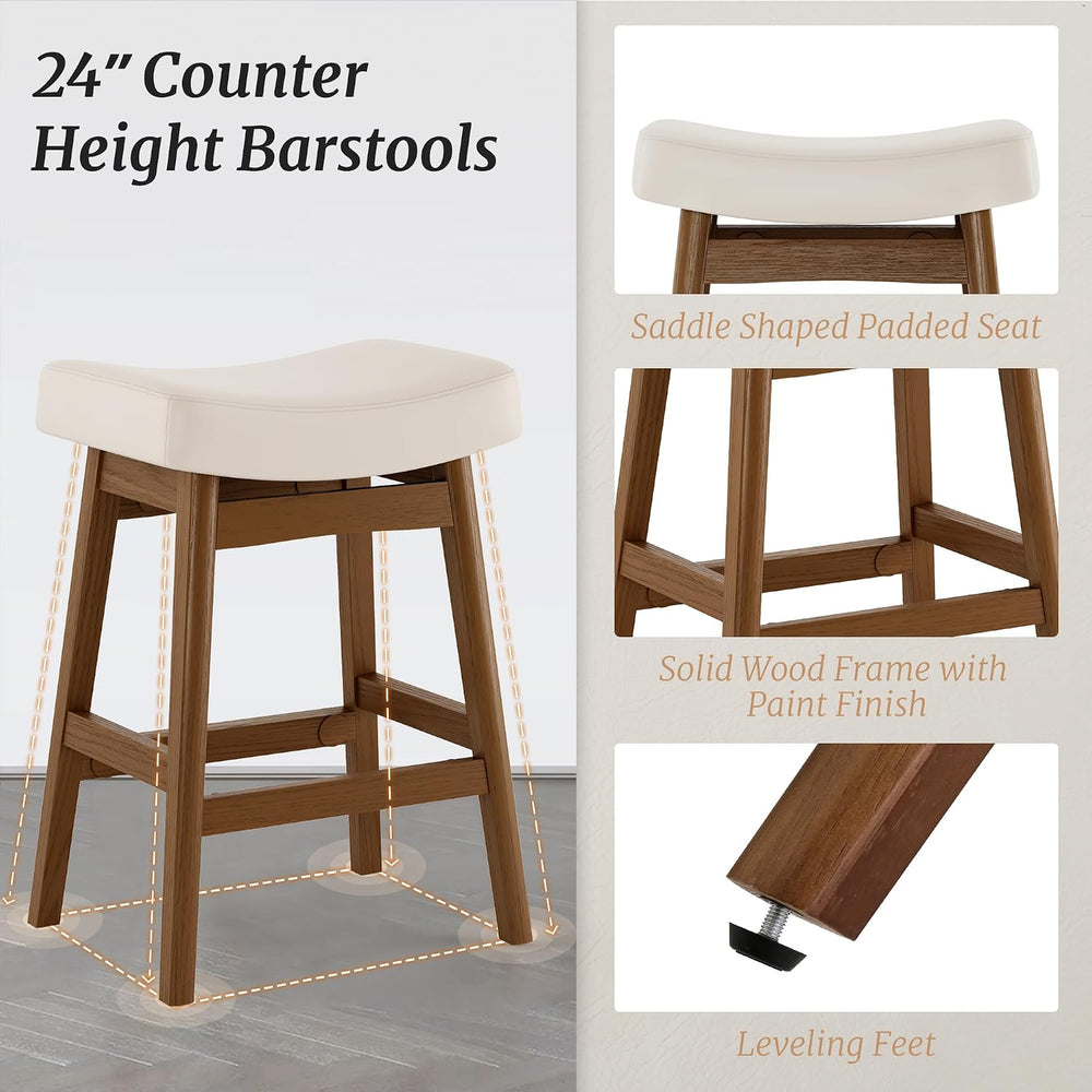 Cozyman Bar Stools Set of 3, Barstools with Sturdy Wood Legs, Saddle Seat Cou...