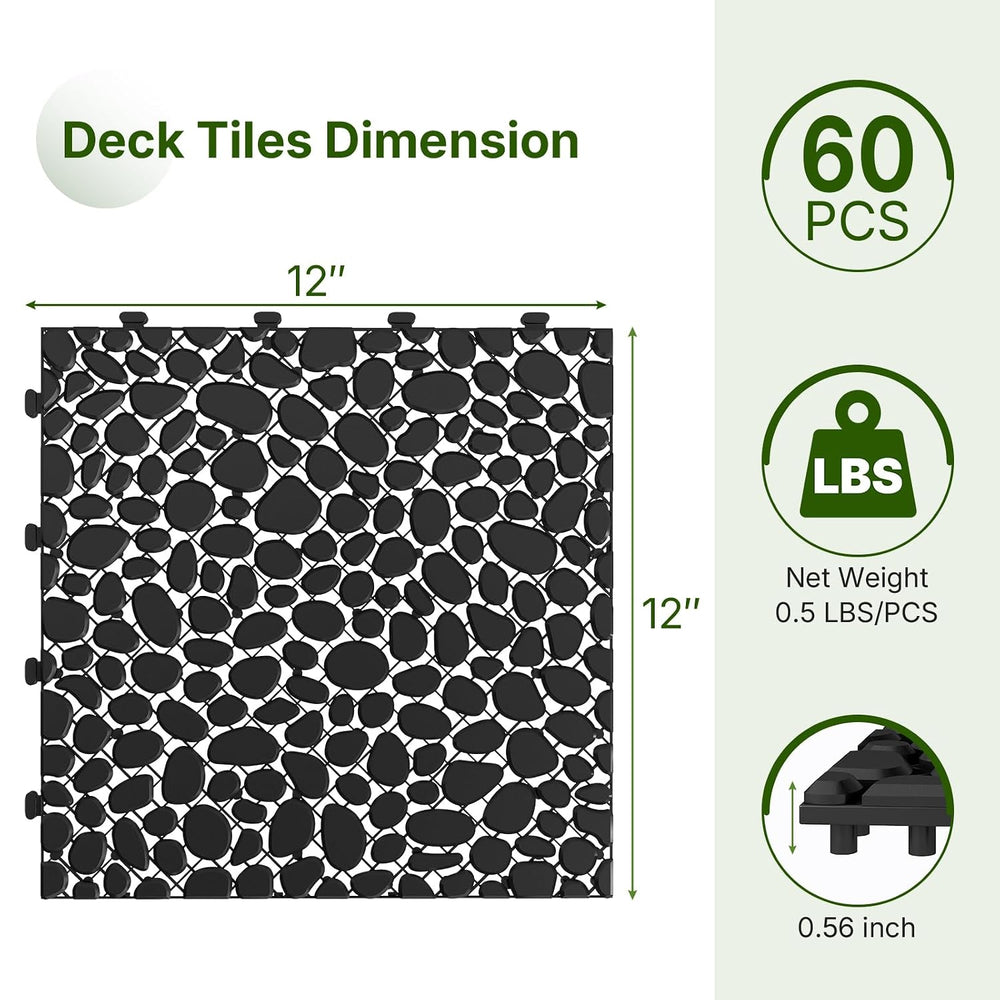 Rovibek 60PCS Plastic Interlocking Deck Tiles, 12"x12" Pebble Decki...