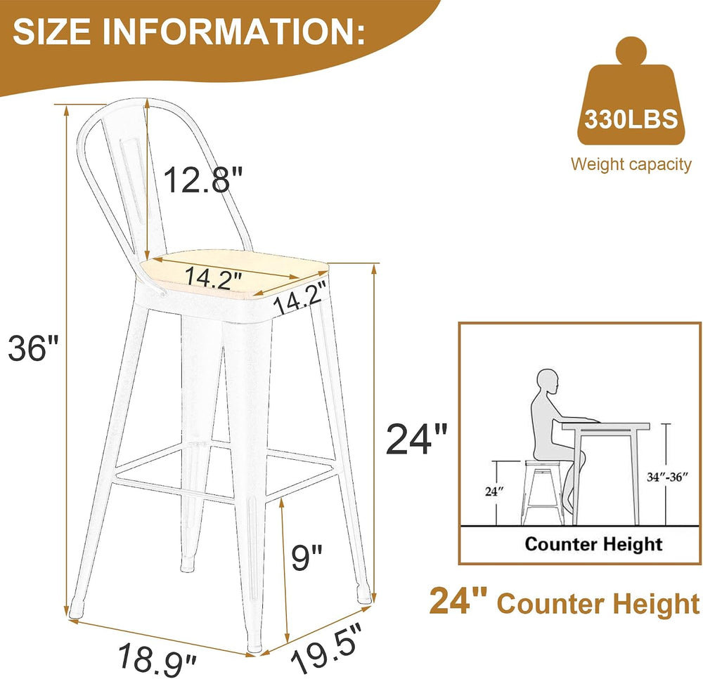 Andeworld Metal Bar Stools Set of 4,24" Counter Height with Backs,Off White