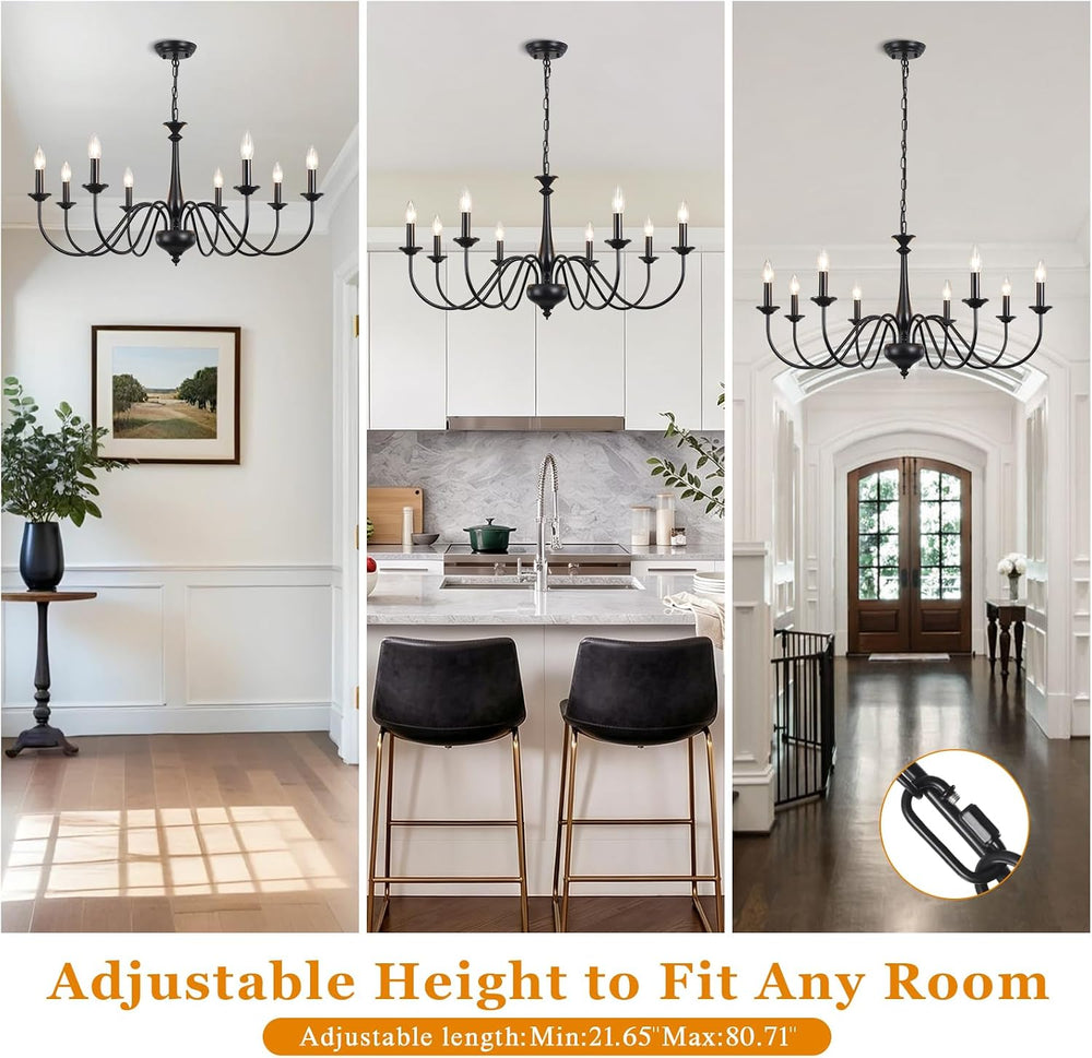 35" Farmhouse Chandelier, 8-Light Matte Black Classic Iron Candle Pendan...