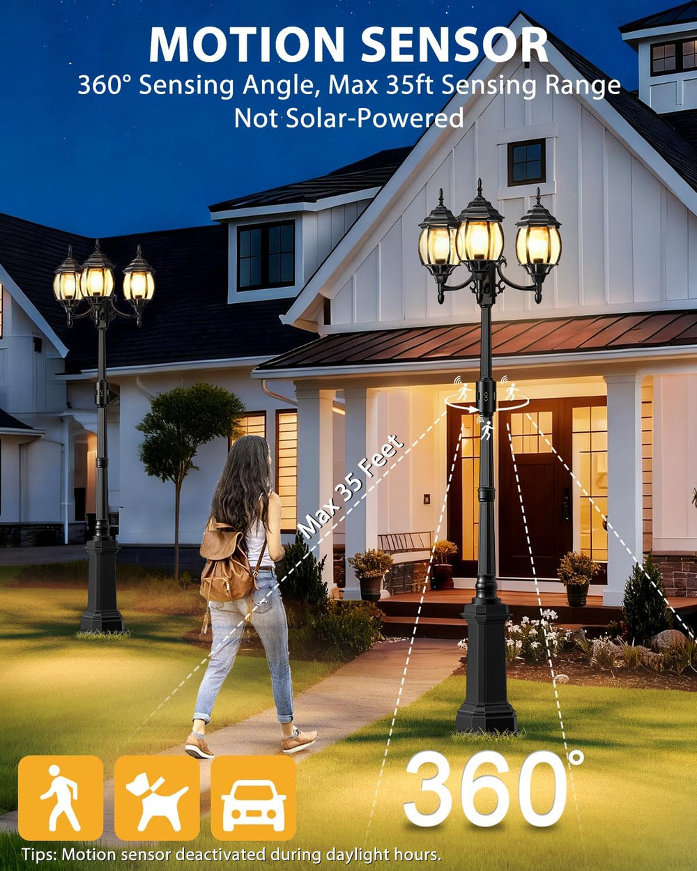 Redluck Motion Sensor Outdoor Post Lights, 3-Head Dusk to Dawn Lamp Post