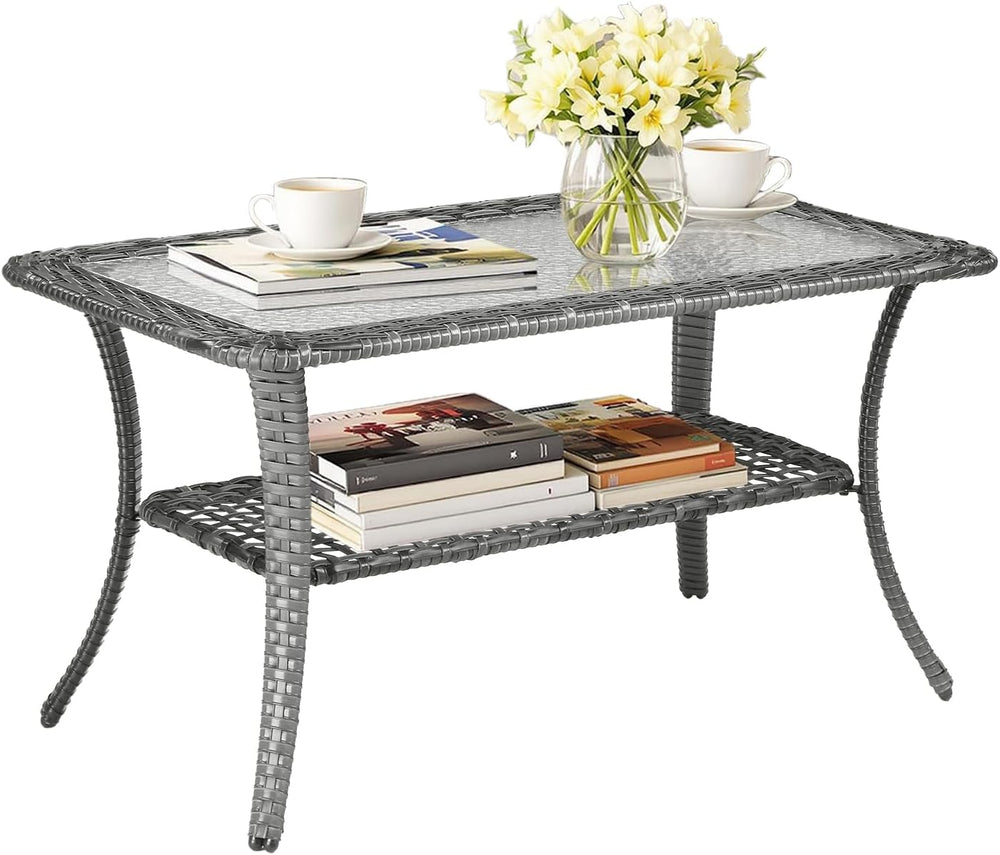 VINGLI Outdoor Coffee Table with Storage Wicker Patio Coffee Table, Tempered ...