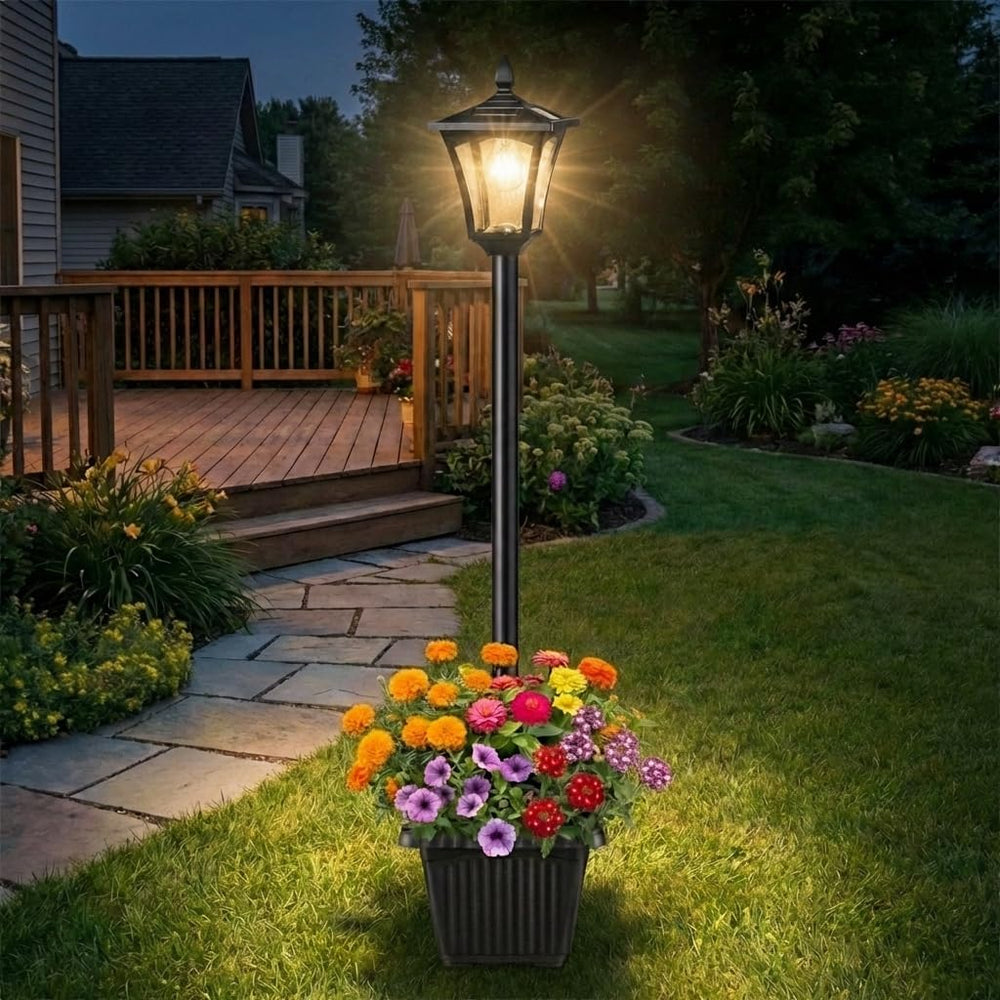 Benany 76" Solar Lamp Post Lights with Planter, Glass & Metal Street...