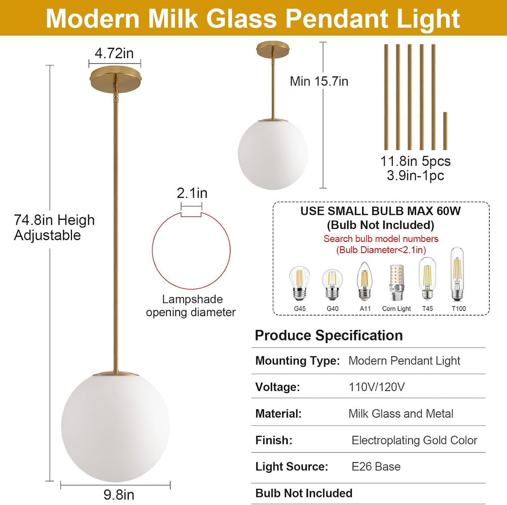 10in Milk Glass Pendant Light, Mid Century Modern Pendant Lights Kitchen Isla...