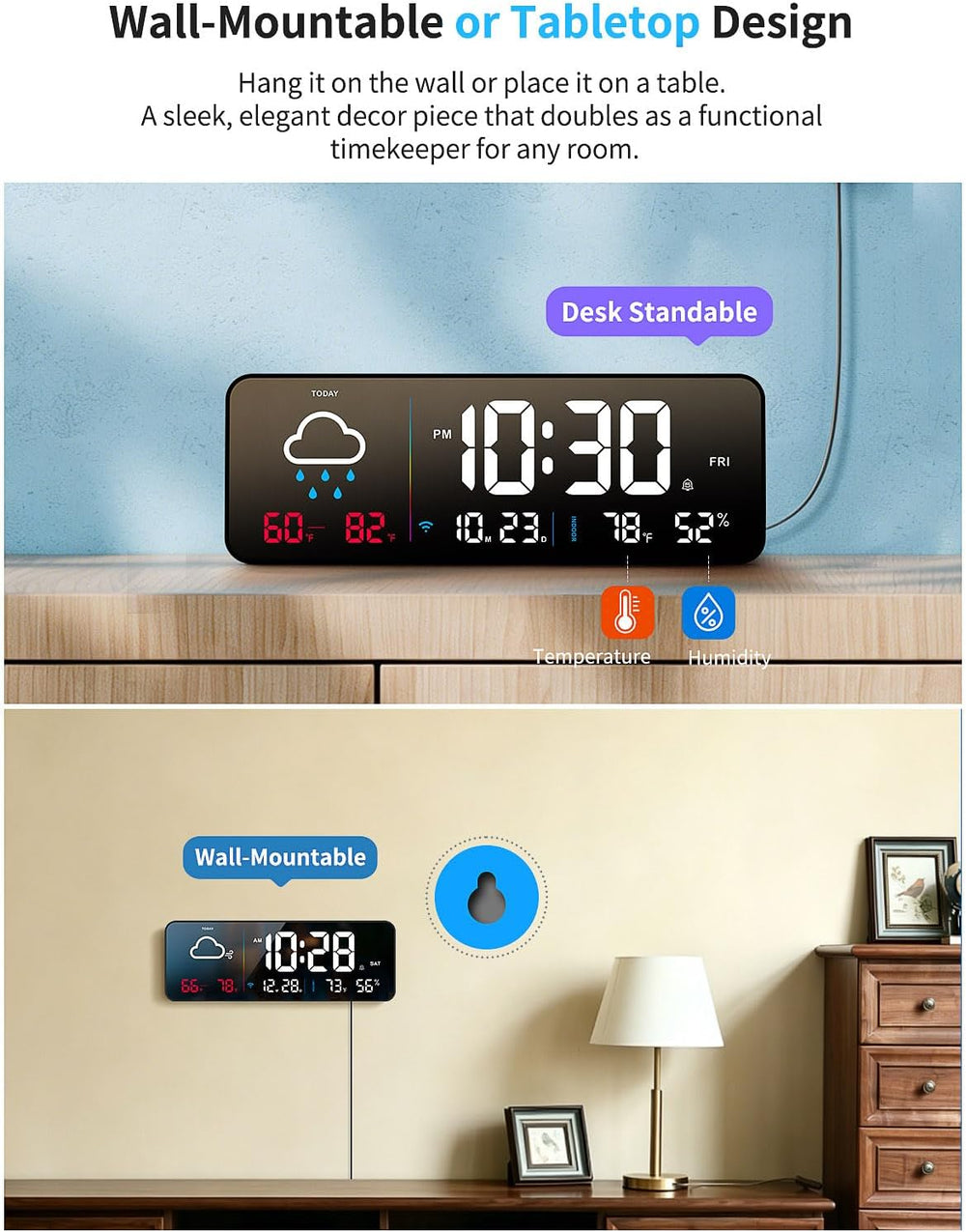 Digital Wall Clock, Digital Clock Large Display with Network Auto-Synced, Cor...