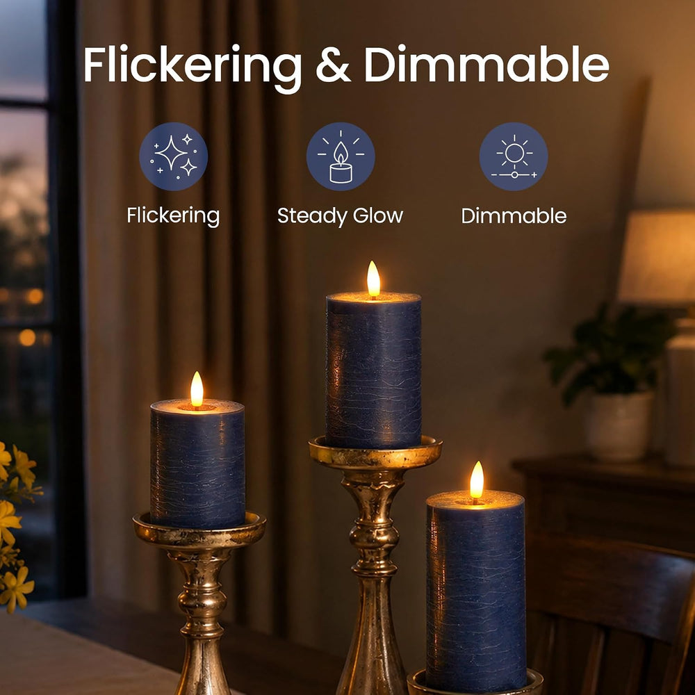 Set of 4 Navy Blue Real Wax Flameless Candles with Remote, Long Lasting Batte...