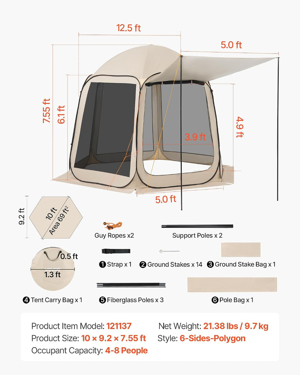 Pop Up Screen House Tent VEVOR 10 x 9.2 FT Pop-Up Screen Room with Awning, Po...