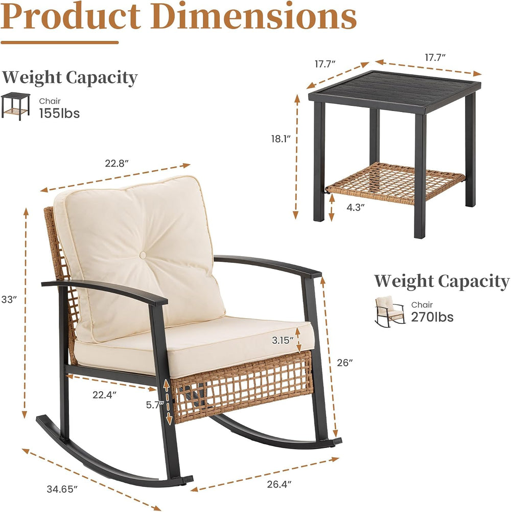 COSIEST 3-Piece Outdoor Rocking Chairs Bistro Set, Rattan Patio Furniture wit...
