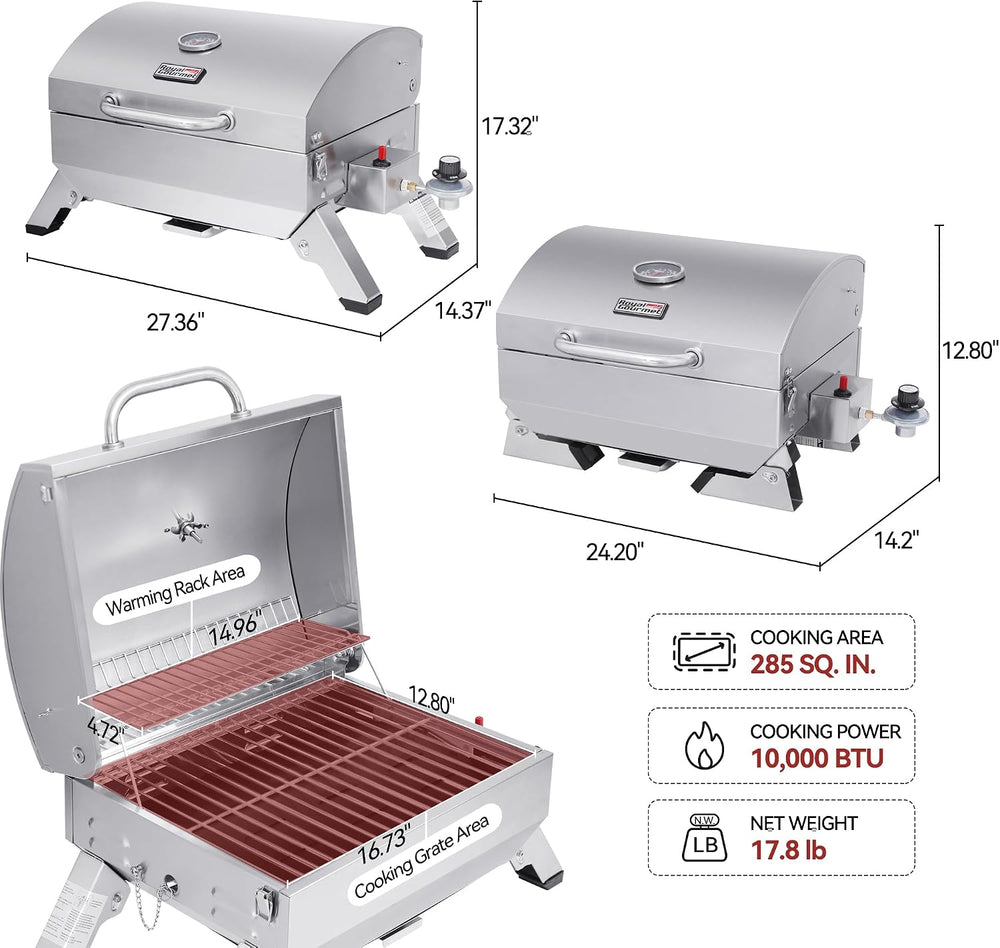 Royal Gourmet GT1001 S/S Portable Propane Gas Grill with Folding Legs