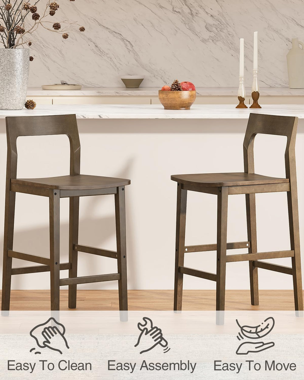 Wood Barstools Set of 4, Counter Height Bar Stools Armless Farmhouse Wooden B...