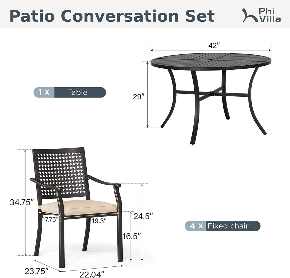 PHI VILLA Outdoor Dining Set for 4, 42" Round Metal Table w/Umbrella Hole