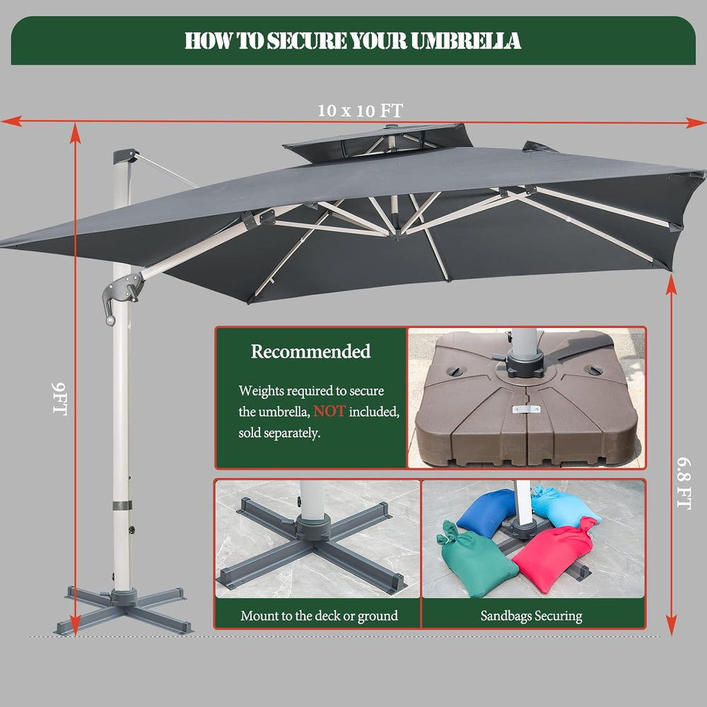 10x10 FT Square Cantilever Patio Umbrella with Solar LED Lights and Cross Bas...