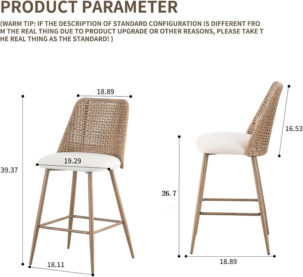 Rattan Counter Height Bar Stools Set of 2, 26" Boucle Fabric Upholstered...