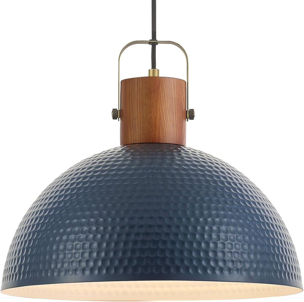 ELYONA 16” Large Ash Wood Pendant Light with Hammered Blue Metal & Brushe...