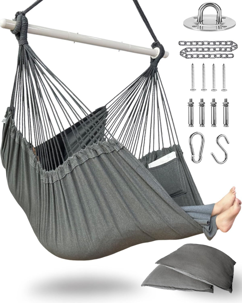 Lulladle Hammock Chair XXL with 2 Cushions, 500 lbs, All Hardware Included