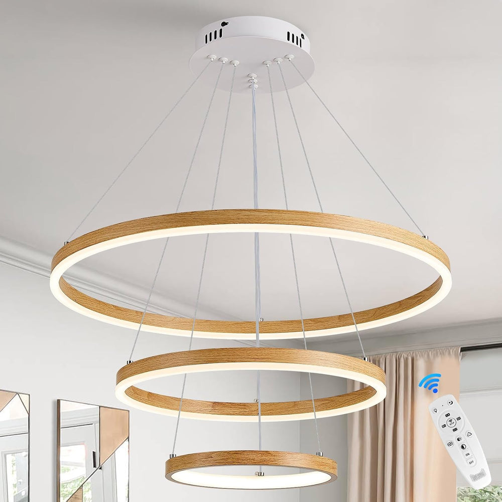 Modern LED Chandelier 24" Circular Pendant Light 3-Ring with Wood Grain ...