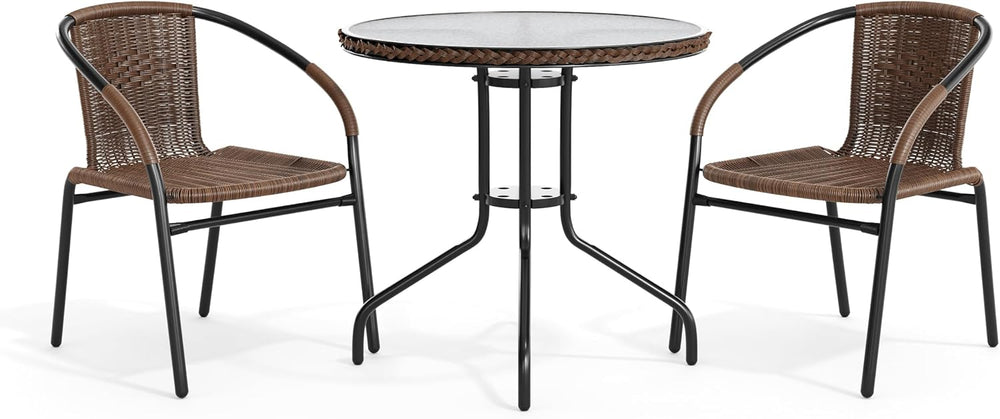 Flash Furniture Lila 28'' Round Glass Metal Table with Dark Brown Rat...
