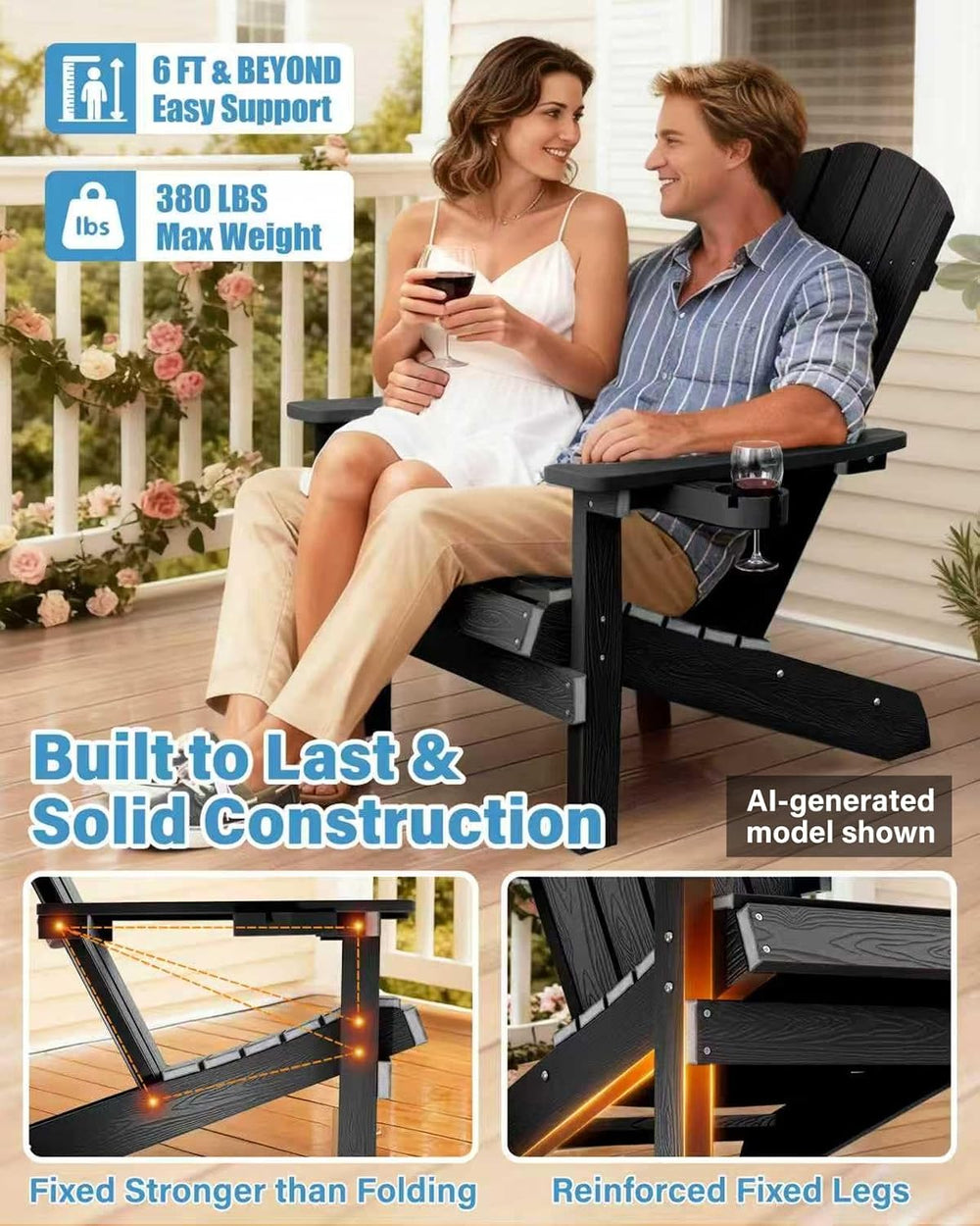 YEFU Adirondack Chairs Set of 2 with Cup Holder, Weather Resistant, Black