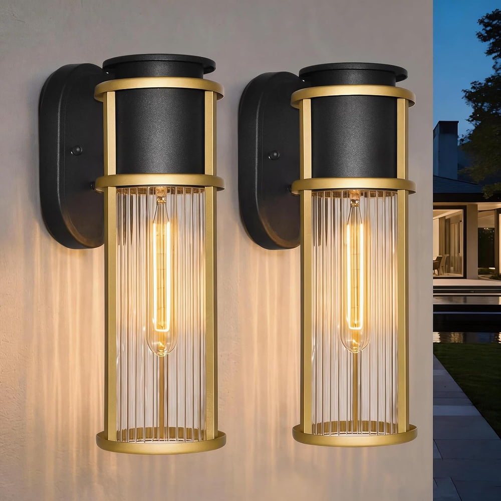 ALVIME 2 Pack Modern Gold & Black Outdoor Wall Sconces, 15 Inch Waterproo...