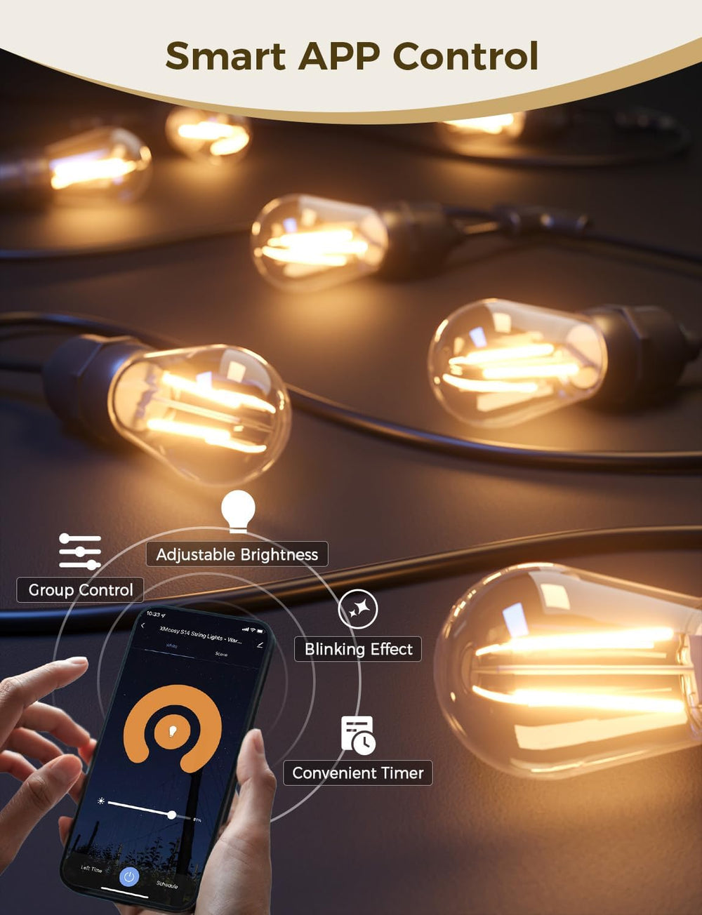 XMCOSY+ Outdoor String Lights, 98FT Smart Dimmable Edison Bulb Patio Lights