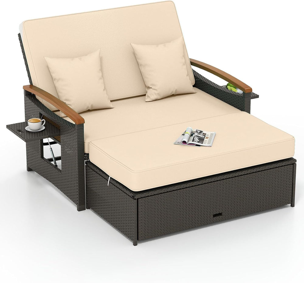 Tangkula Patio Rattan Daybed, Outdoor Wicker Loveseat, Mix Brown & Beige