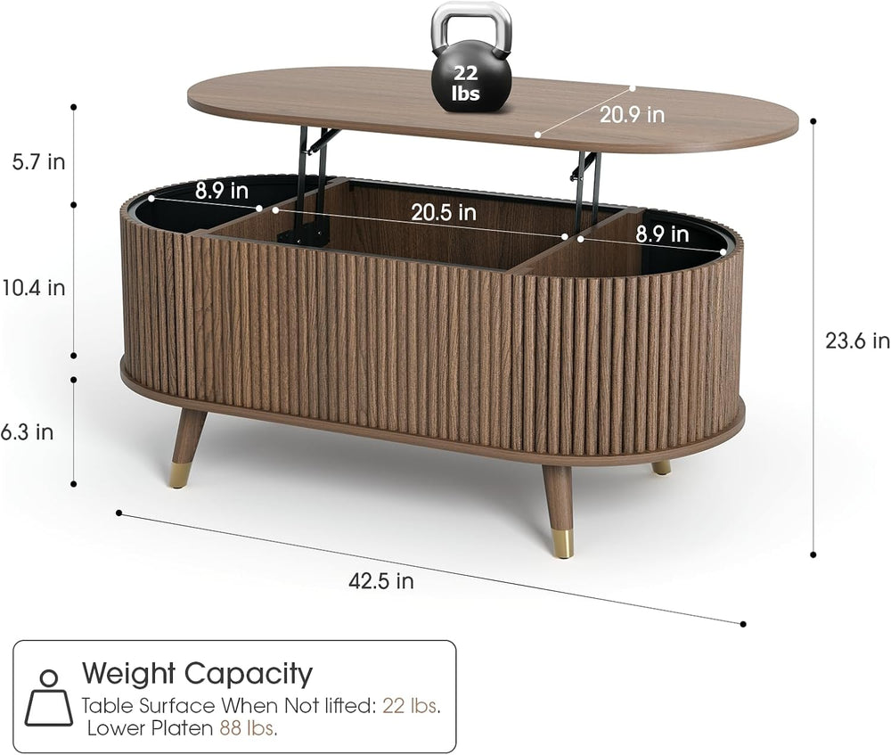 JOINICE Oval Lift Top Coffee Table with Storage for Living Room,Walnut