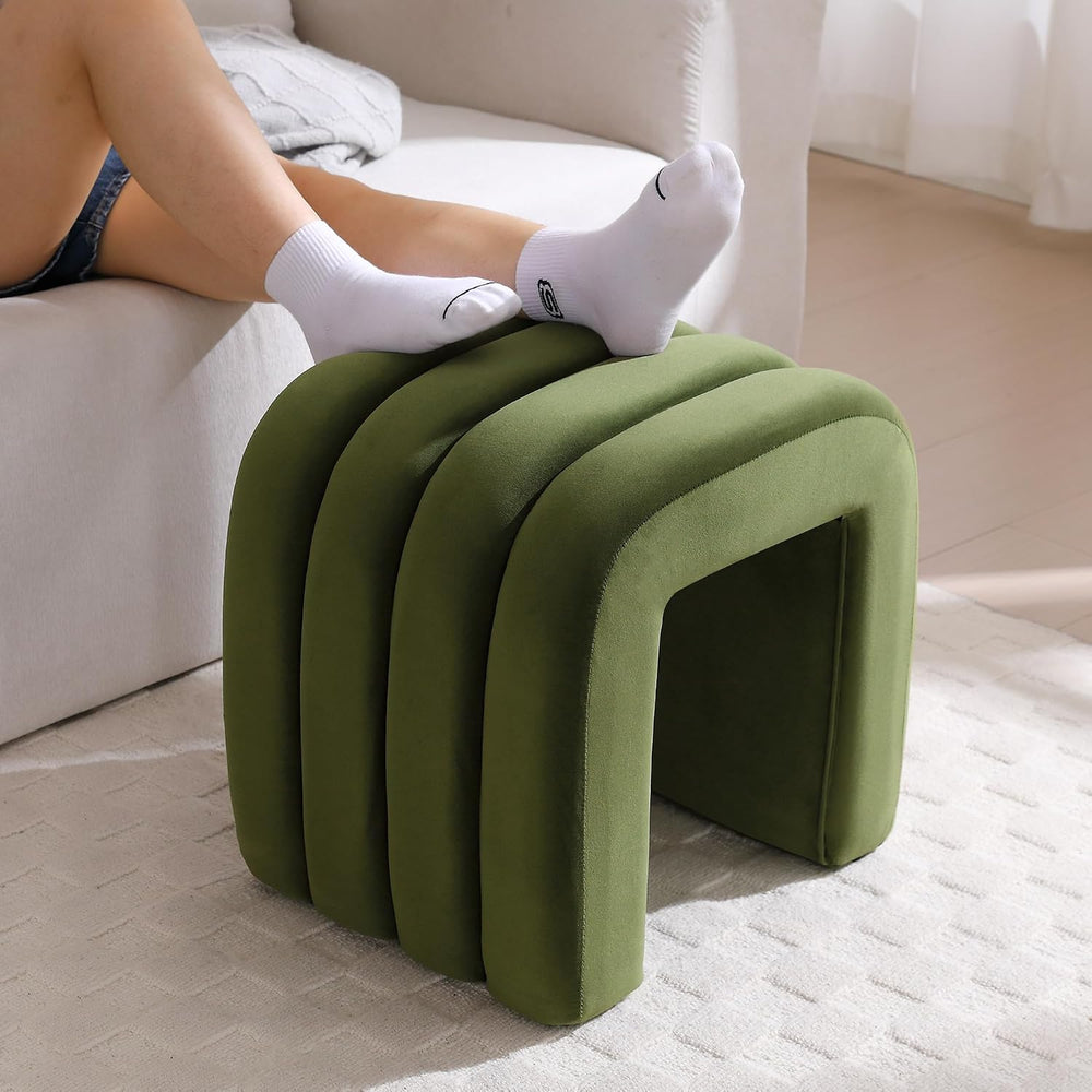 Olive Green Velvet Ottoman Stool, Small Vanity Stool