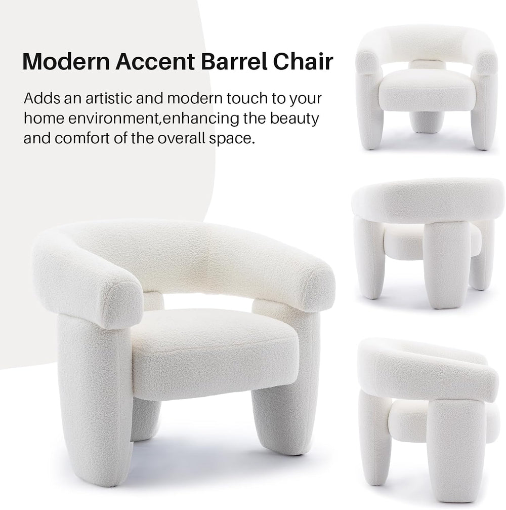 Boucle Barrel Accent Chair Modern Teddy Round Armchair, Cream White