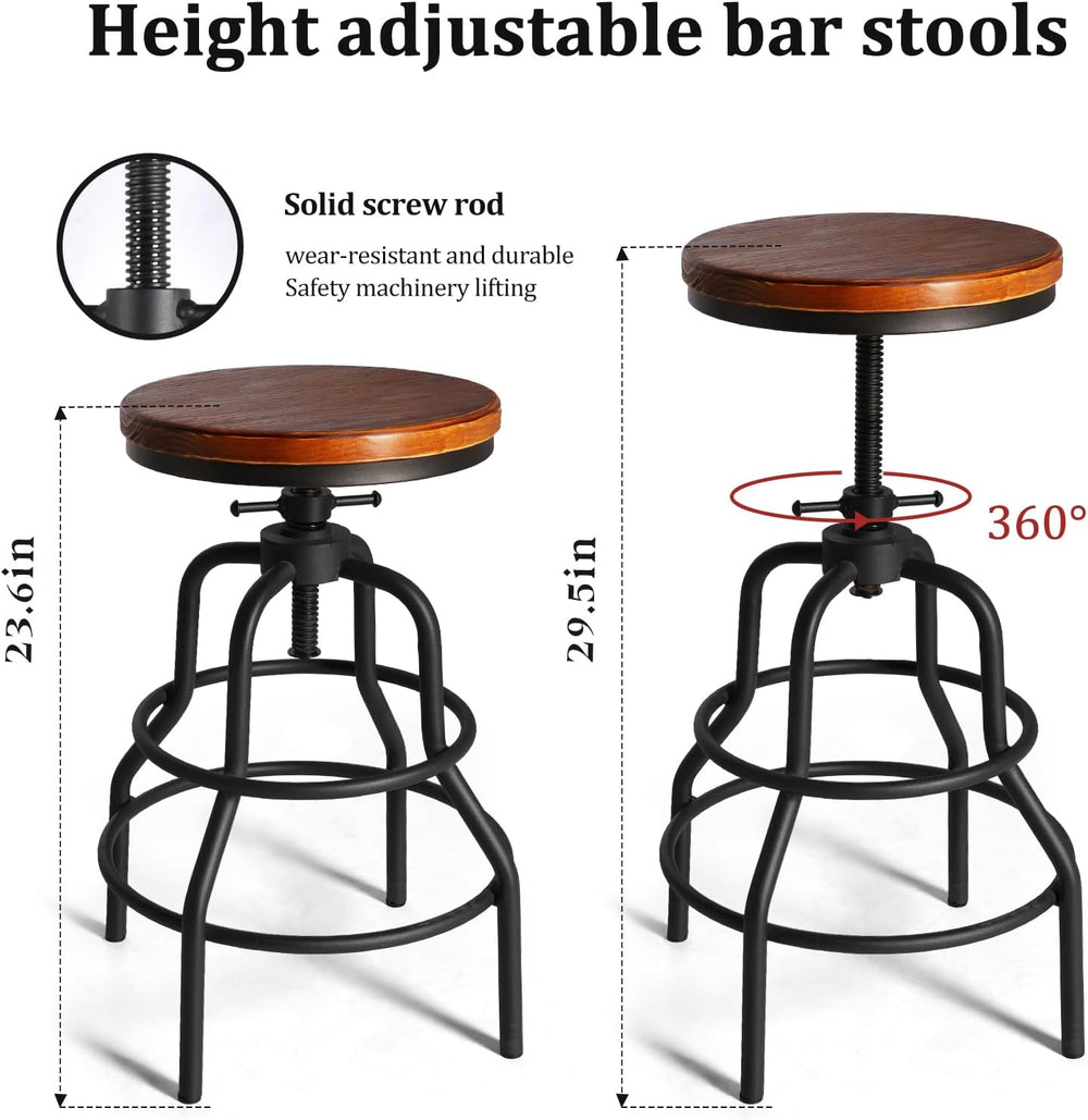 LOKKHAN Vintage Industrial Barstools - 13.8" Dia Round Wooden Brown Seat...
