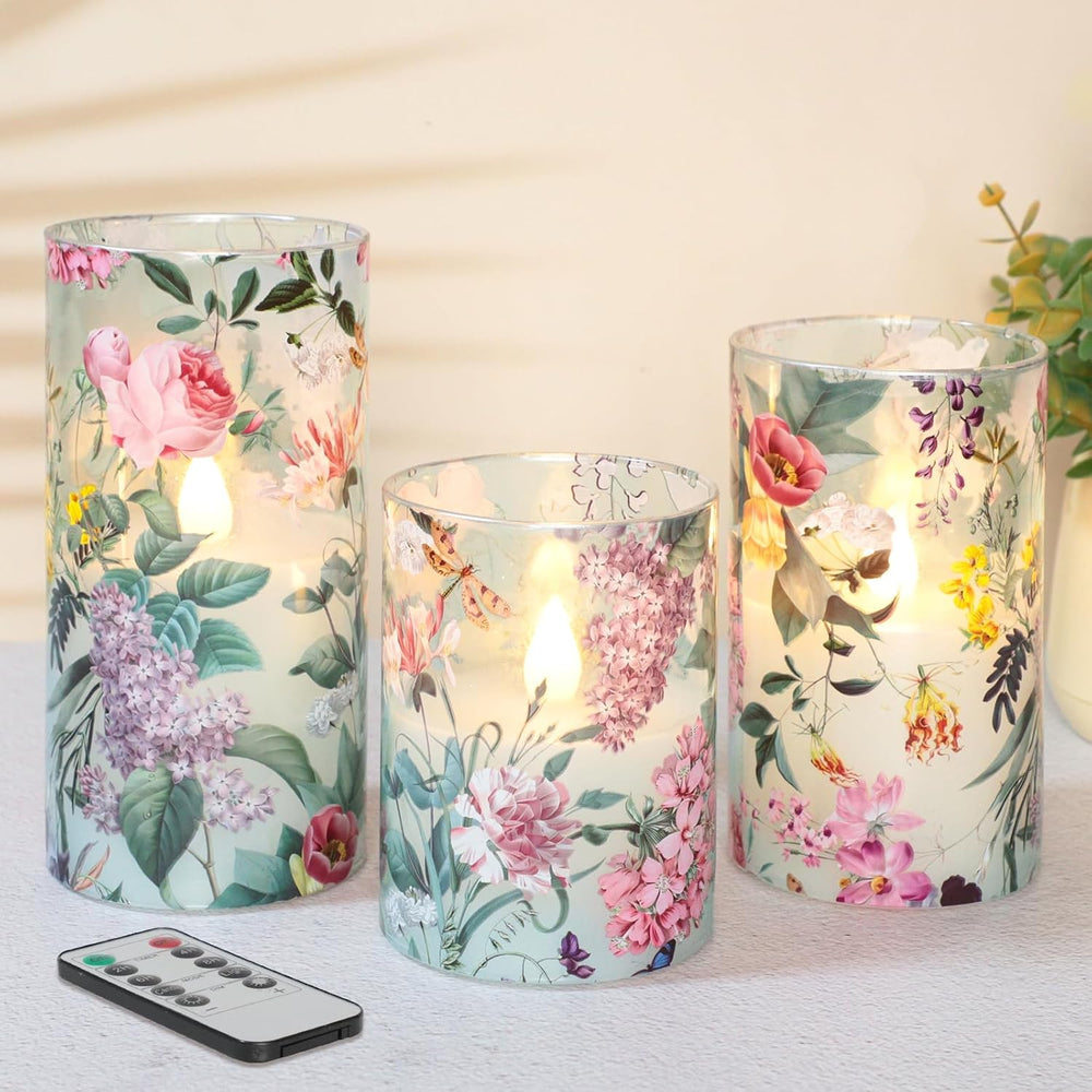 Glass Flameless Candles with Remote Timer Floral Battery Operated LED Flicker...